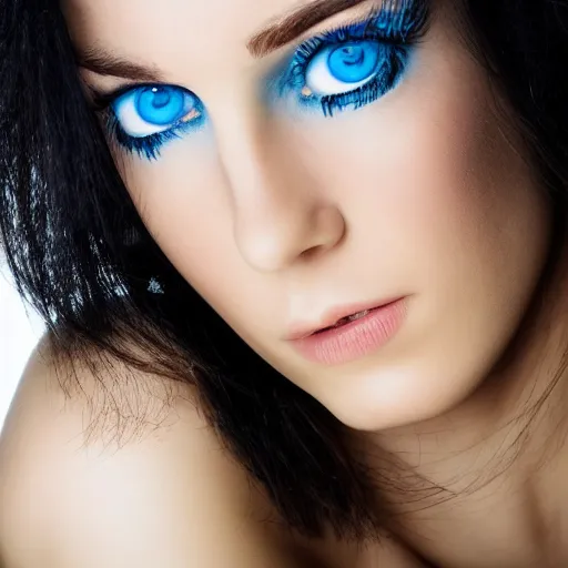 Prompt: portrait of glowing goddess with fair skin and blue eyes beautiful face with black hair