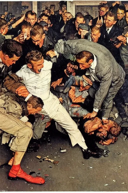 Image similar to Emmanuel Macron beating up rioters on the ground by Norman Rockwell