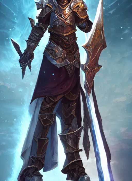 Image similar to fantasy holy paladin wielding a warhammer, dnd character portrait, full body, dnd, rpg, lotr game design fanart by concept art, behance hd, artstation, deviantart, global illumination radiating a glowing aura global illumination ray tracing hdr render in unreal engine 5