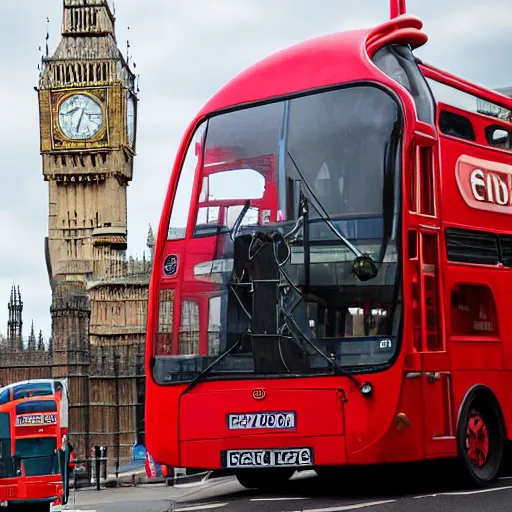 Image similar to a giant statue of a red plunger with a wooden shaft in the center of london. a london bus in the background.