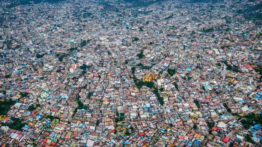 Prompt: remarkable airplane view of a cyberpunk mayan city in guatemala which helds a million cultivated people and it is graced by a huge sacred futuristic temple