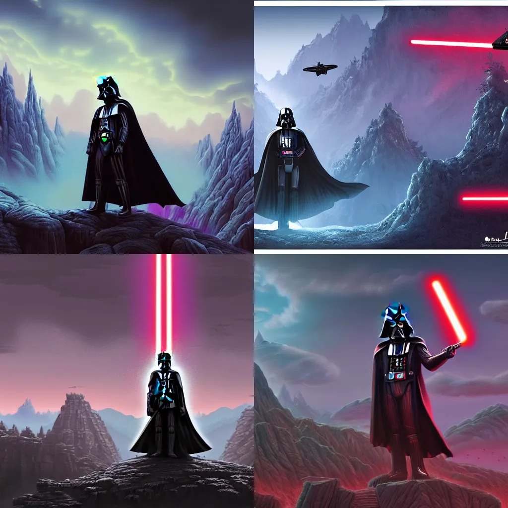Prompt: highly detailed matte painting of darth vader by dan mumford and dan mumford and lisa frank and lisa frank, unreal engine, concept art, trending on artstation