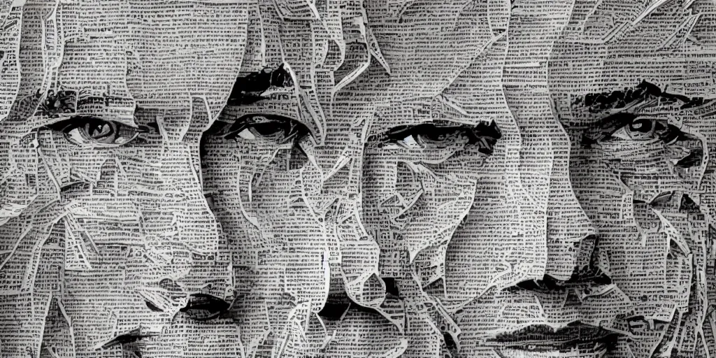 Image similar to Intricate detailed illustration, A portrait of a face constructed from newspaper clippings, cinematic lighting, by Philip Hood, wide angle, volumetric light scattering, 8k, artstation, concept art,