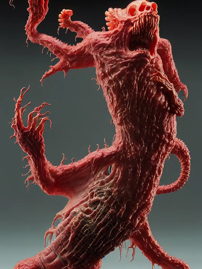 Prompt: hyperrealistic rendering, fat smooth cronenberg flesh monster transparent kaiju with skull and spine by donato giancola and greg rutkowski and wayne barlow and zdzisław beksinski, product photography, action figure, sofubi, studio lighting, colored gels, colored background