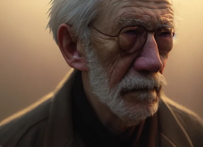 Prompt: a film still portrait of a depressed old caucasian man, finely detailed features, closeup of face, cinematic lighting, perfect art, night cyberpunk city, intricate, anime, gapmoe grimdark, artstation, trending on pixiv fanbox, painted by greg rutkowski makoto shinkai takashi takeuchi studio ghibli, akihiko yoshida, 4 k