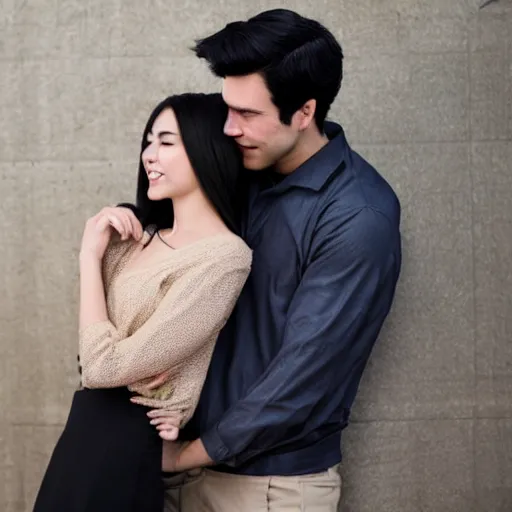 Image similar to handsome blackhaired guy hugs a cute beautiful girl from behind