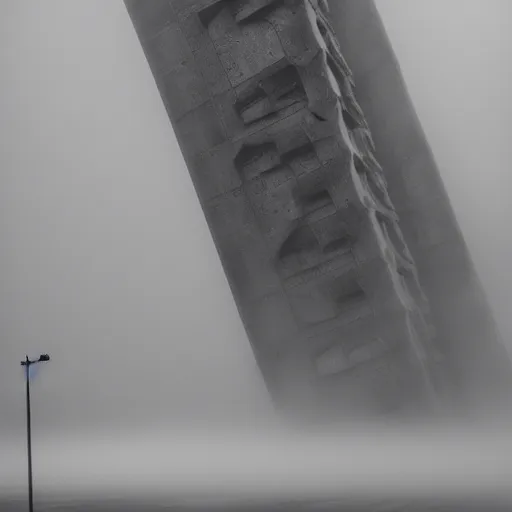 Image similar to giant tentacles coming out of fog, grasping giant brutalist buildings