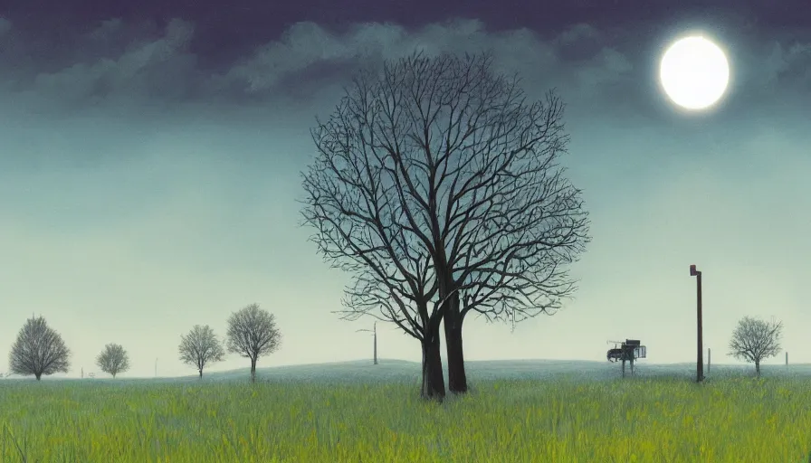 Image similar to solar eclipse, open field, one tree, simon stalenhag