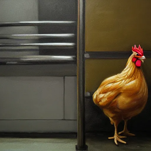 Image similar to a beautiful painting of a chicken sitting in a subway seat, rutkowski, realism, cinematic lighting