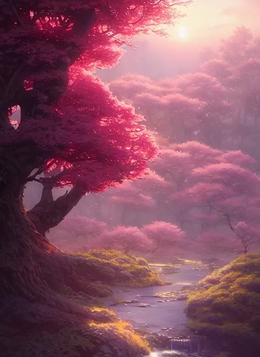 Image similar to Highly detailed Sakura tree, Stephen Bliss, unreal engine, fantasy art by Greg Rutkowski, Loish, Rhads, ferdinand knab, Makoto Shinkai and Lois van baarle, ilya kuvshinov, rossdraws, Tom Bagshaw, global illumination, radiant light, detailed and intricate environment