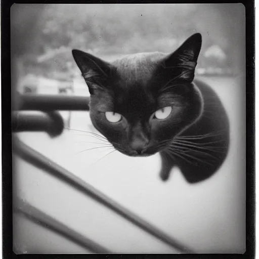 Prompt: black cat in a rollercoaster. the cat is looking excited. polaroid. sepia.