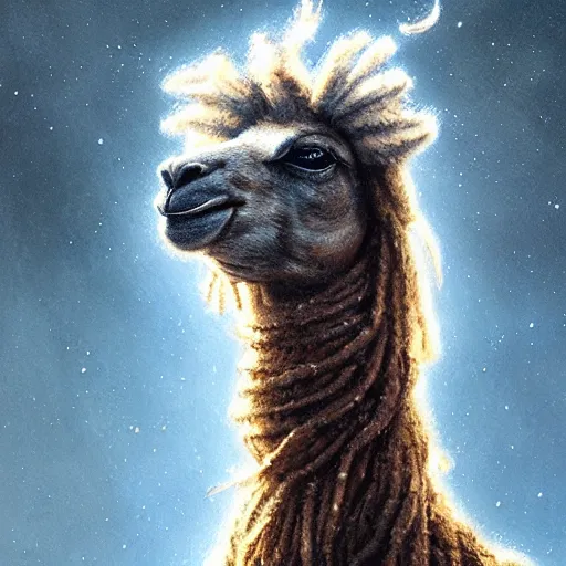 Prompt: detailed space portrait of a llama with dreadlocks, realistic creature concept, heroic pose, ultra realistic, ultra detailed, art by greg rutkowski