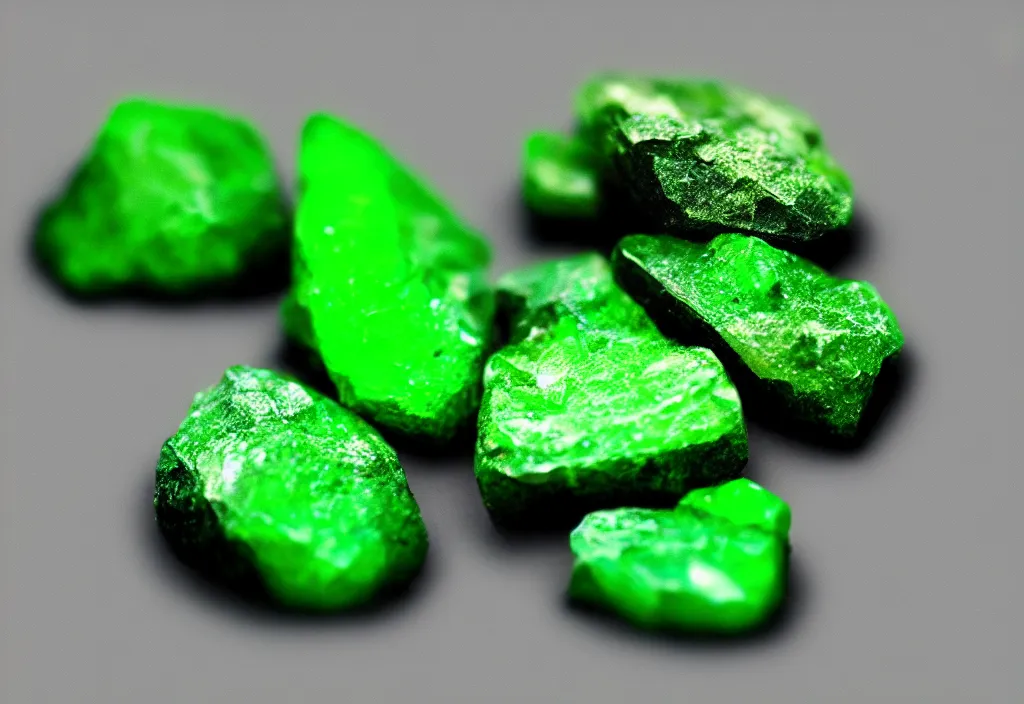 Prompt: raw green gemstone rendering, photorealistic, dirt, bright backround, photography, artstation