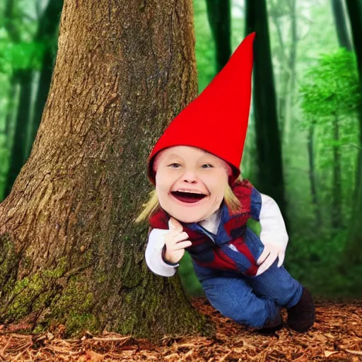 Prompt: a small person with a smile in his face dressed as a gnome peeking behind a tree, forest trail, night time, bright camera flash, camera shaking, realistic, phone recording, bad quality, 480p, scary