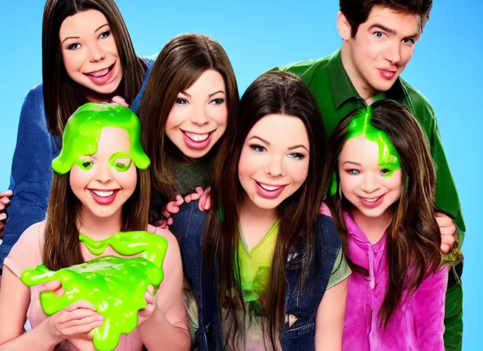 Prompt: the episode of iCarly where everyone gets covered with nickelodeon slime hd