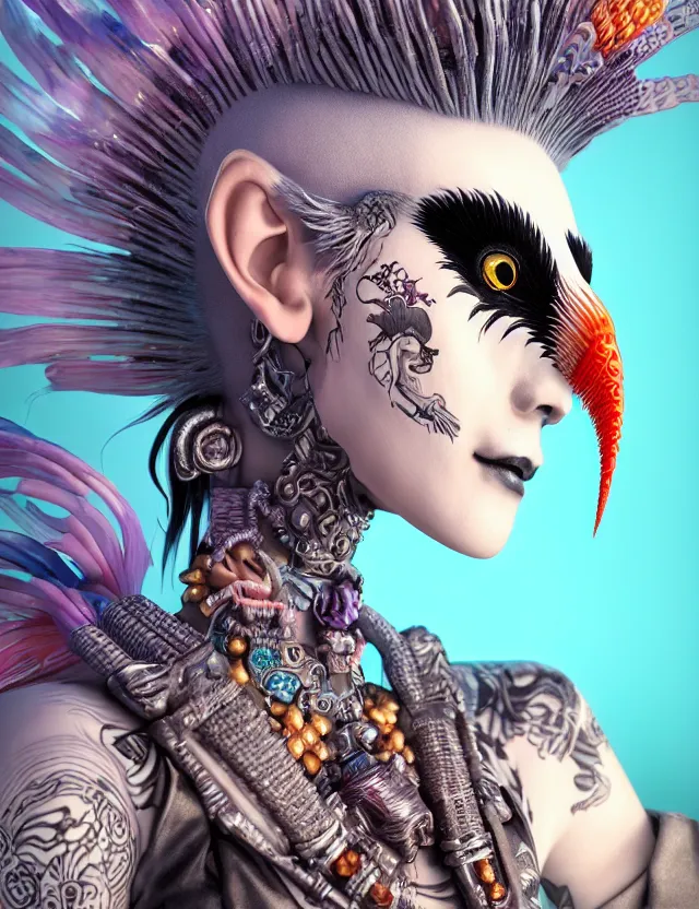 Image similar to 3 d goddess close - up profile portrait punk with mohawk with ram skull. beautiful intricately detailed japanese crow kitsune mask and clasical japanese kimono. betta fish, jellyfish phoenix, bio luminescent, plasma, ice, water, wind, creature, artwork by tooth wu and wlop and beeple and greg rutkowski