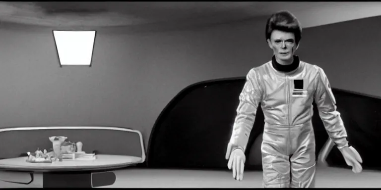 Prompt: photorealistic wide shot black and white twilight zone style cinematography of a 1 9 8 1 version of healthy david bowie in a cheesy 5 0's space suit acting as a man from outter space in a twilight zone episode that takes place in mid century modern apartment shot on film by the shining cinematographer john alcott on a cooke panchro 1 8 mm lens.