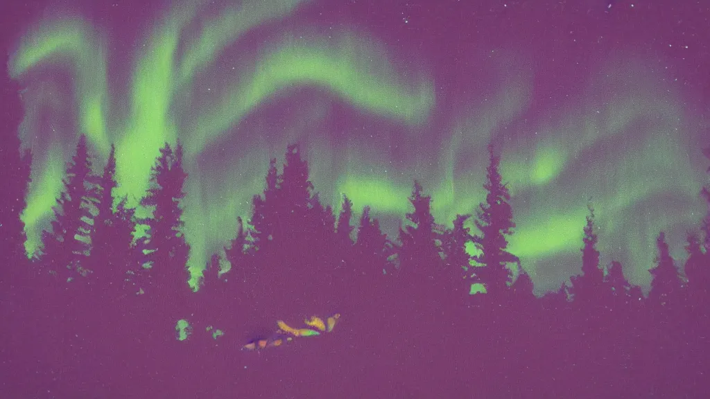 Image similar to haunted psychedelic VHS glitch polaroid of a night sky dark enclosed, winding hillside path, cozy, campfire, aurora, quiet forest night scene, spangle