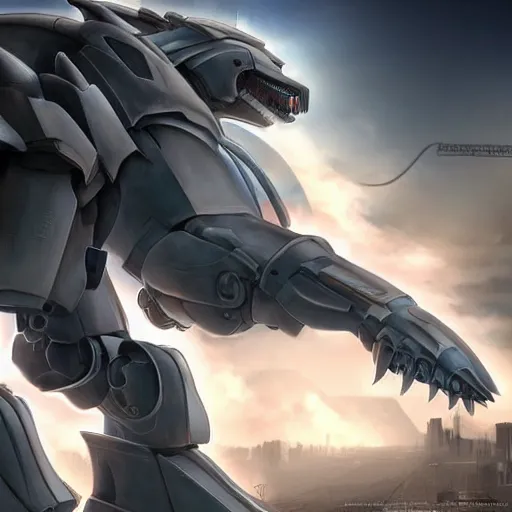 Image similar to hyper realistic, highly detailed cinematic full body shot of a giant mecha canine, sharp claws, sleek armor, glowing visor, charging through city, digital art, furry art, dragon art, zoids art, furaffinity, deviantart