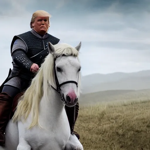 Image similar to fat version of donald trump riding a horse as geralt of rivia from the witcher movie, dramatic film still, details, sigma 7 5 mm, 4 k