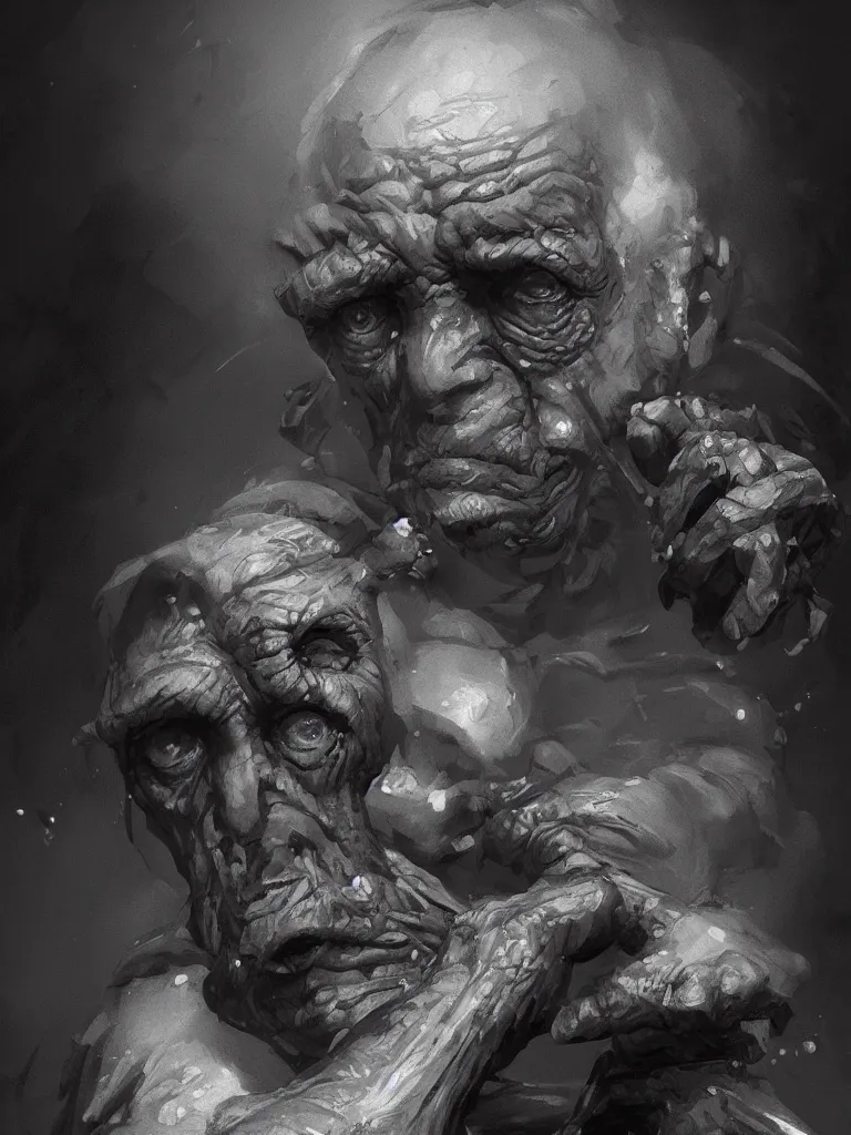 Prompt: mutated old man sitting ina dark factory environment, digital black and white painting by oleg vdovenko chuvabak and maxim verehin, flash photography, trending on artstation, character painting