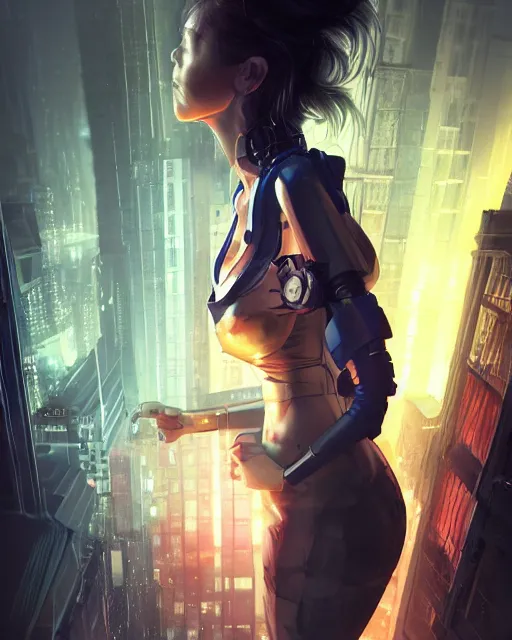 Prompt: photorealistic character portrait of a beautiful half cyborg woman with a mischievous look, the half cyborg woman is wearing a long trench coat, in a night rooftop scene by Liam Wong, character portrait in the style of Artgerm and NeoArtCorE