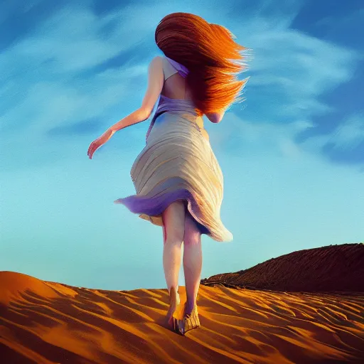 Image similar to portrait, giant dahlia flower head, girl walking between dunes, surreal photography, sunrise, blue sky, dramatic light, impressionist painting, digital painting, artstation, simon stalenhag