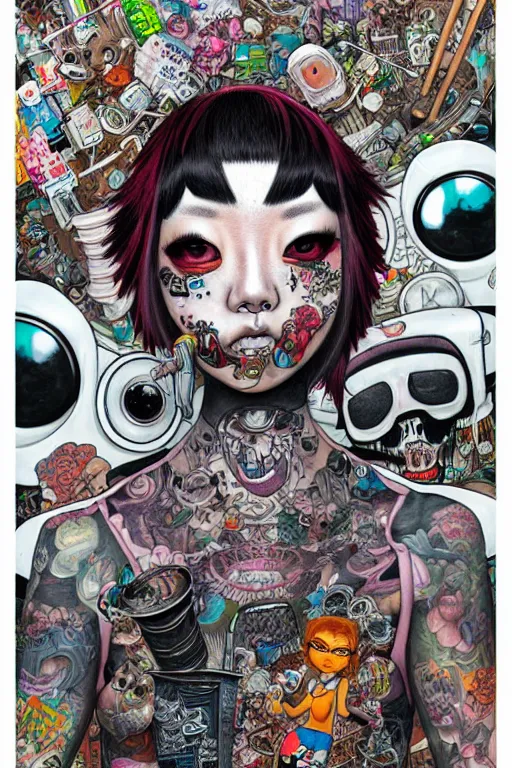 Image similar to full view, from a distance, of anthropomorphic trashcan punk with tattoos, full of trash, style of yoshii chie and hikari shimoda and martine johanna, highly detailed