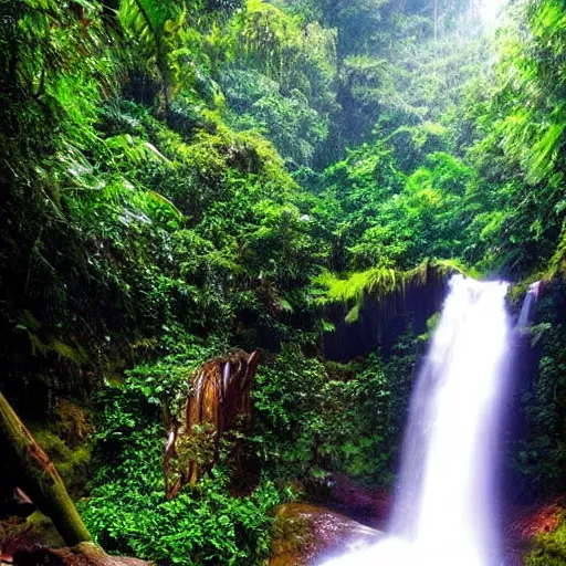 Image similar to beautiful waterfalls deep in the jungle, impressive, profound, natural lighting,