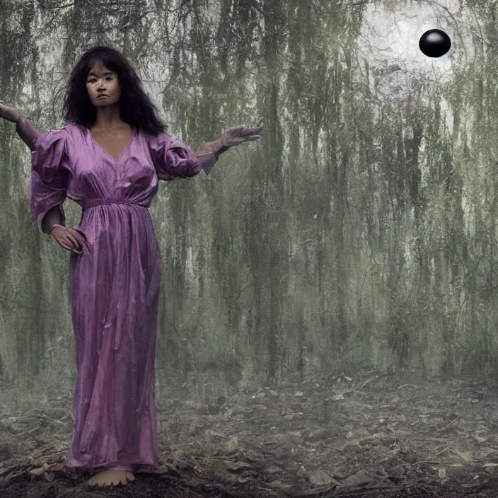 Prompt: a closeup portrait of a woman wrapped in plastic, standing next to a levitating onyx orb, in a swamp, color photograph, by vincent desiderio, canon eos c 3 0 0, ƒ 1. 8, 3 5 mm, 8 k, medium - format print