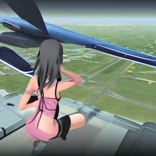 Prompt: screenshot from a 3 d video game about anime girls with the body of an airplane