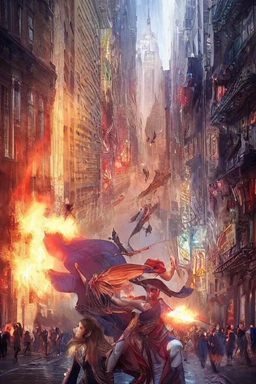 Image similar to Beautiful few sorcerers attacking people on streets with thunders in New York city , wide angle, magic, fire, face painting, dramatic lighting, intricate, wild, highly detailed, digital painting, artstation, concept art, smooth, sharp focus, illustration, art by artgerm and greg rutkowski and alphonse mucha, footage from space camera