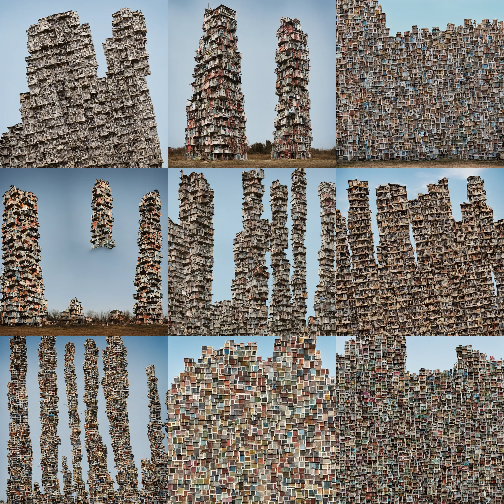 Prompt: a tower made up of squatter houses with bleached colours, mamiya, 8 5 mm, f 1. 7, fully frontal view, uniform plain sky, fine details, photographed by julie blackmon