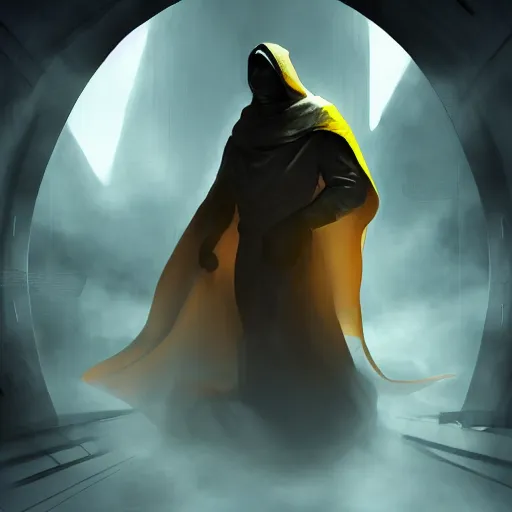 Prompt: award - winning. trending on artstation. cinematic. expressive. a faceless man wearing layered yellow robes while a black hole floats behind them. dark background.