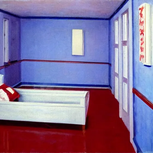 Image similar to an ivory beautiful young girl in a blue and red haunted liminal soviet room, film still by edward hopper, by gottfried helnwein, by klimt, art noveau, highly detailed, strong lights, liminal, eerie, bright pastel colors,