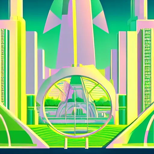 Image similar to art deco vaporwave illustration of a green park in a futuristic pastel city