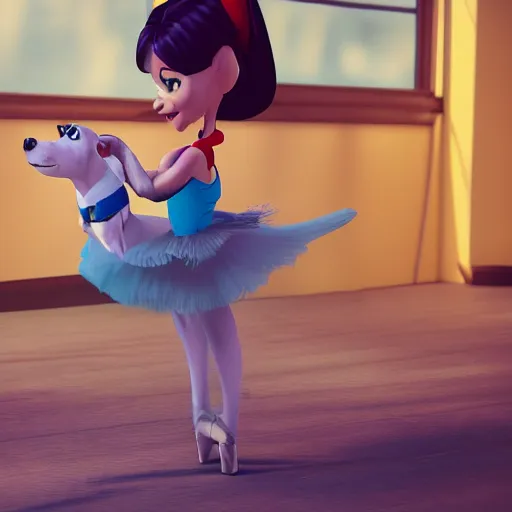 Image similar to still of woman working on her dog's clothing line, in the style of disney, comic book style, the dog is doing a ballet dance, highly detailed, 8k resolution, octane renderer