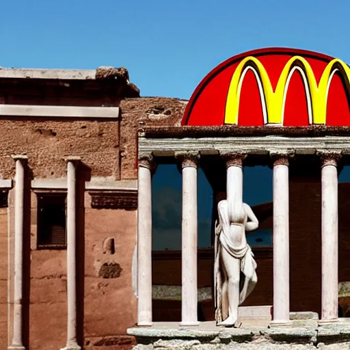 Image similar to Beautiful Promotional Photograph of ancient Roman McDonalds, McDonalds in ancient Rome, wideshot,longshot,fullshot.