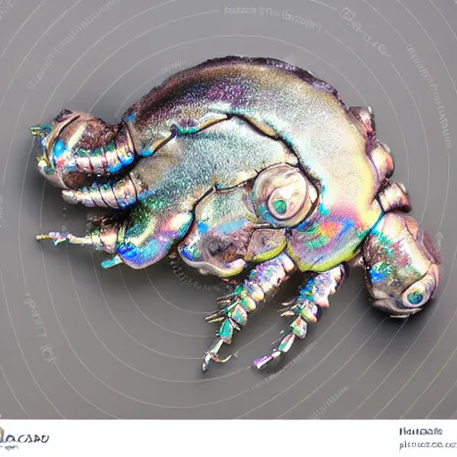 Image similar to abstract iridescent metallic giant isopod. top view. white background. long shot. centered in frame