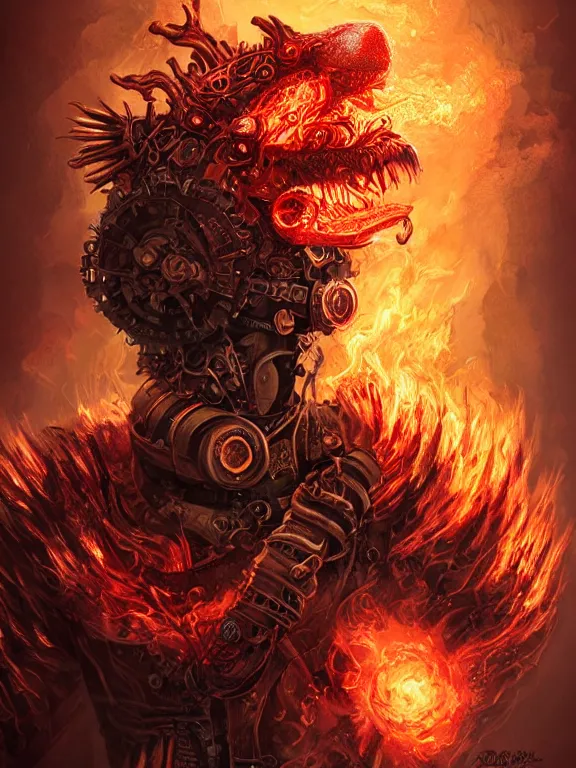 Prompt: picture of a steampunk fire monster, burly, black and red fire, finesse, key visual, realistic shaded perfect face, fire, fine details, forest background, smooth, highly detailed, digital illustration, by artgerm, rossdraws, frank franzzeta