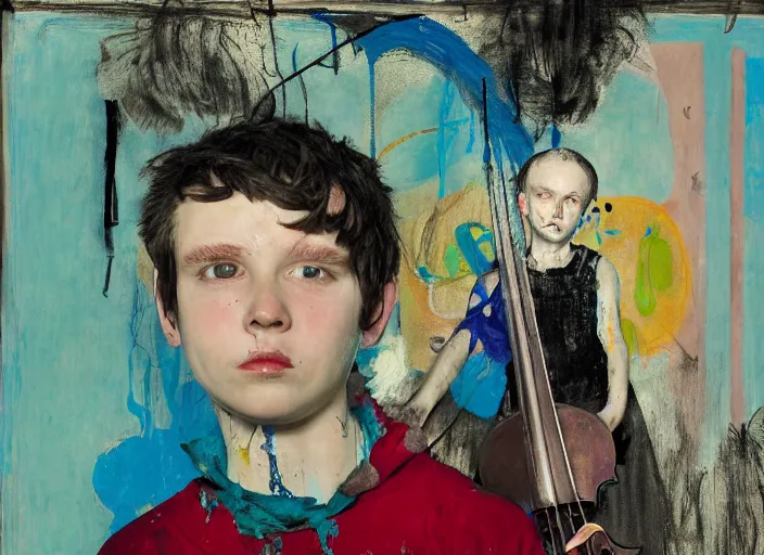 Image similar to girlboy standing with violin down painted by vincent lefevre and hernan bas and pat steir and hilma af klint, psychological, photorealistic, symmetrical face, dripping paint, washy brush, rendered in octane, altermodern, masterpiece
