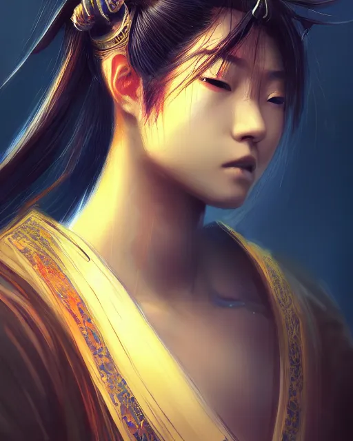 Prompt: front facing portrait of samurai, female, prismatic highlights, anime, atmosphere, super model, brown skin, beautiful, depth of field, cinematic, macro, concept art, 50mm, artstation, digital painting, elegant, epic, focus, 8k, art by Yoshitaka Amano