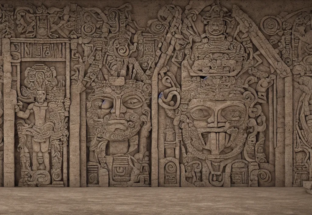 Image similar to a mayan temple interior with symmetric recogniseable giant face portrait of a mayan god-emperor in the center Carved in stone relief style behind an ancient altair of sacrafice. 3d render. Realistic. Well Detailed. Torch light. Omnious, intricate. H.r. giger painting influenced by alien reliefs