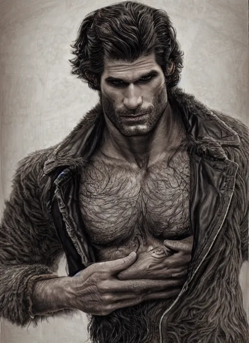 Image similar to portrait of henry caville, gritty, dark, wearing a undone leather jacket, hairy chest, very detailed eyes, hyperrealistic, very detailed painting by Glenn Fabry, by Joao Ruas, by Artgerm