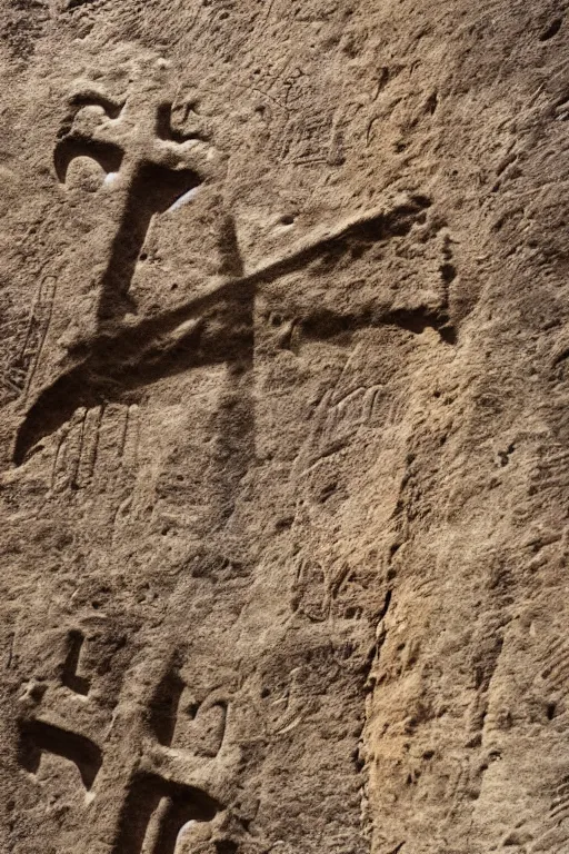 Image similar to 4 k photography of petroglyphs representing crosses, sauwastica, wifi symbol on a cave