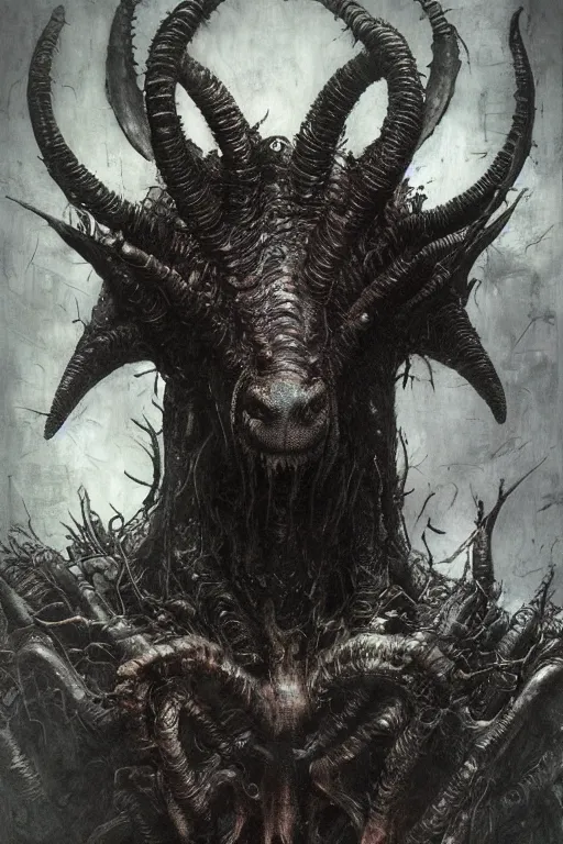 Image similar to portrait of the black goat of shub niggurath by hr giger, greg rutkowski, luis royo and wayne barlowe as a diablo, resident evil, dark souls, bloodborne monster