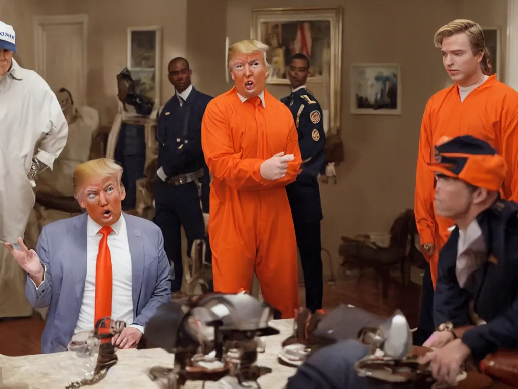 Image similar to screenshot of donald trump in arrested development wearing an orange jumpsuit