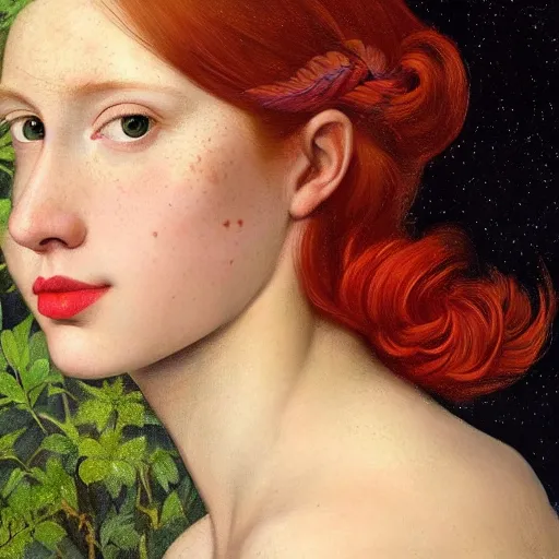 Prompt: a highly detailed portrait, red haired young woman, among golden fireflies, amid nature, long hair, green eyes, hint of freckles, round gentle face, cheeky smile with red lips, deep focus, elegant, digital painting, smooth, sharp, golden ratio, illustration, art by artemisia lomi gentileschi, caravaggio and artgerm