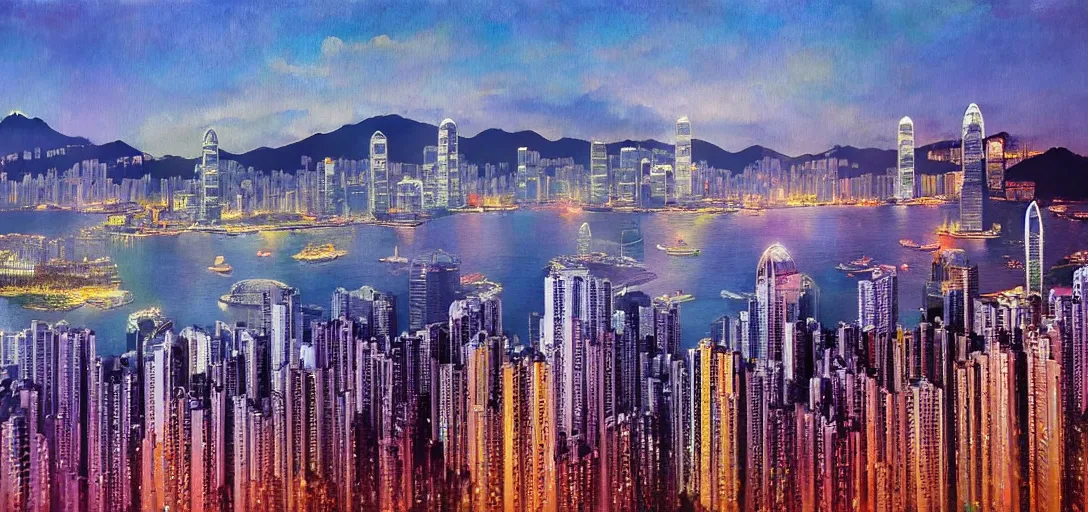 Prompt: Romantic painting of the Hong Kong Skyline