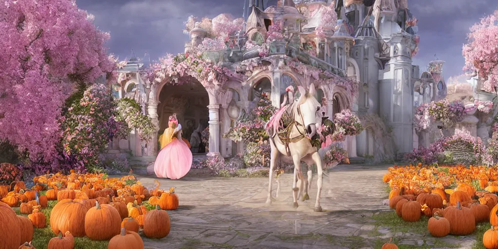 Prompt: fairytale princess entering the gates of her majestic palace of flowers , with horse driven , carriage made of pumpkins , epic scene unreal render hyperrealistic detail Star Wars fantasy art behance